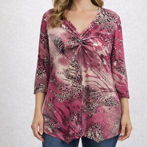 Claire France 3/4 Sleeve Asymmetric Tunic Pink Glitter Top Shirt sz 1X